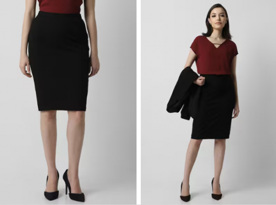 a woman in a red top and black skirt