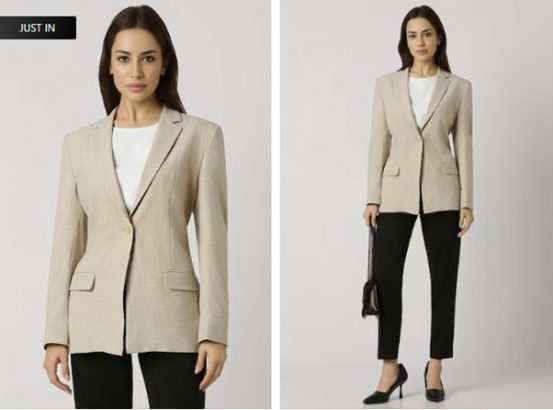 a woman in a suit and heels