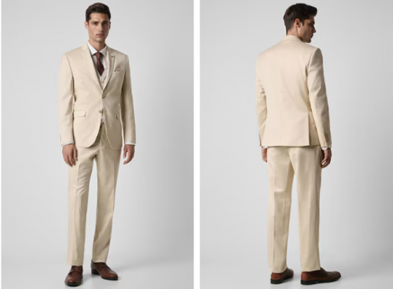 Man in a beige suit showcasing the front and back view.