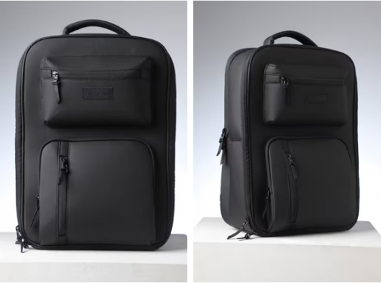 two pictures of a black bag with zippers
