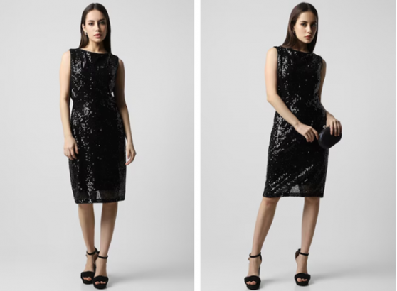 two pictures of a woman in a black party wear dress