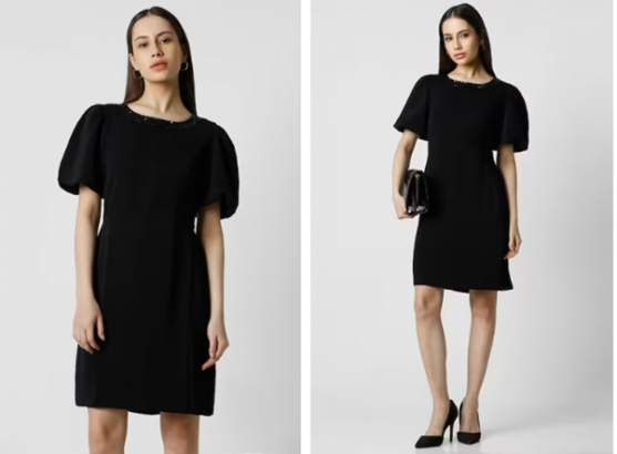 black solid knee length party dress