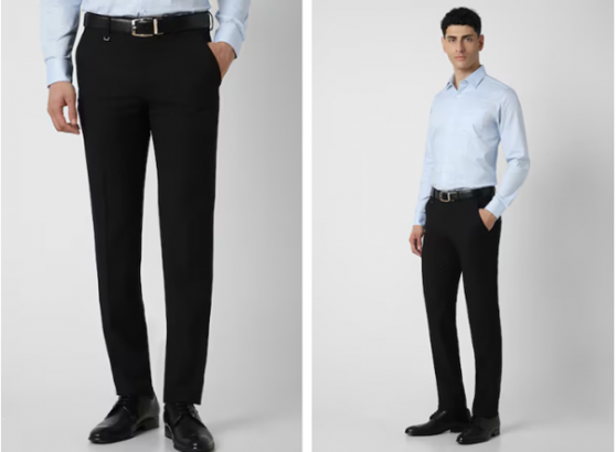 black textured slim fit trousers