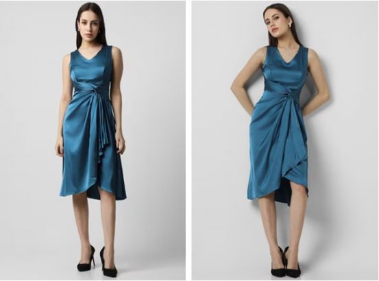 two pictures of a woman in a blue dress