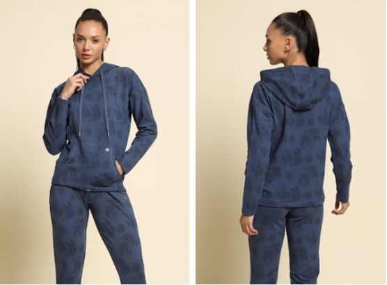 two photos of a woman in a blue hoodie and sweatpants