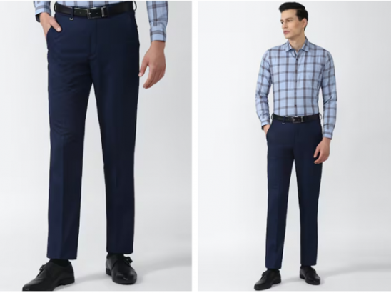 blue shirt and black shoes