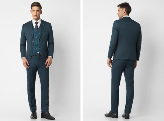 Man in a blue suit with vest, front and back views, against a white background.