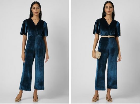 Two images of a woman wearing a blue velvet jumpsuit. The left shows no belt or clutch, while the right shows a beige belt and clutch. She wears tan flats in both images.