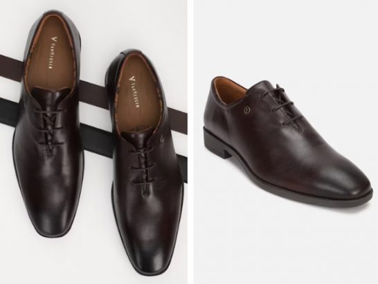 A pair of dark brown leather dress shoes, one displayed top view and the other side view.