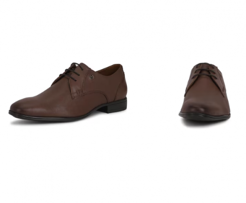 A pair of brown men's dress shoes on a white background, one shoe facing front and the other side view.