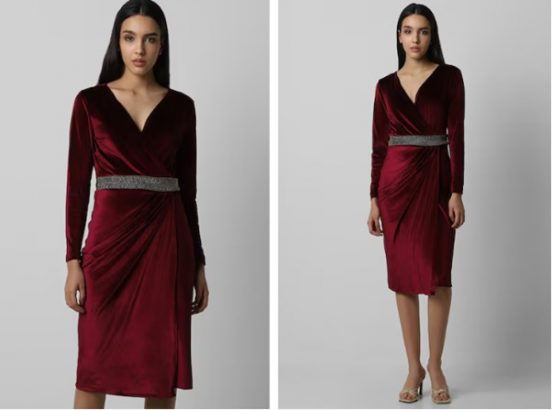 A woman in a burgundy velvet dress with a silver waistband stands against a gray background, shown from front and side angles.