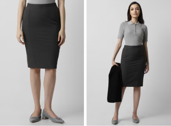 Woman in gray top, black pencil skirt, and flats, with/without black jacket.