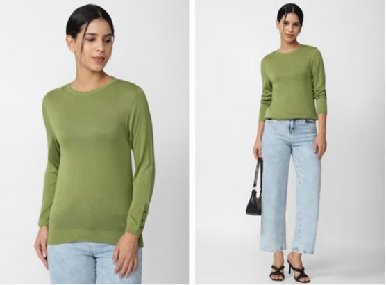 green solid casual round neck top