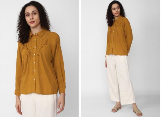 A person in a mustard yellow top and white pants, shown in two poses.