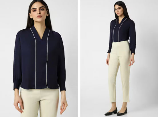 navy solid formal v neck top