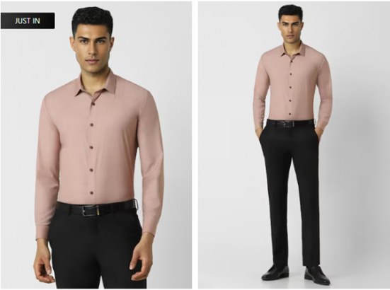 A man in a pink shirt and black trousers with a black belt and shoes, standing against a white background.