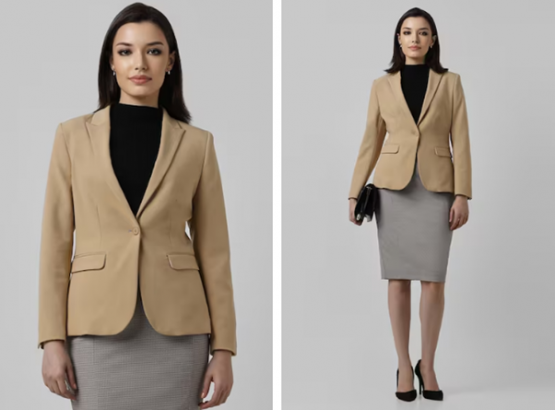 a woman in a skirt and brown blazer posing for a picture