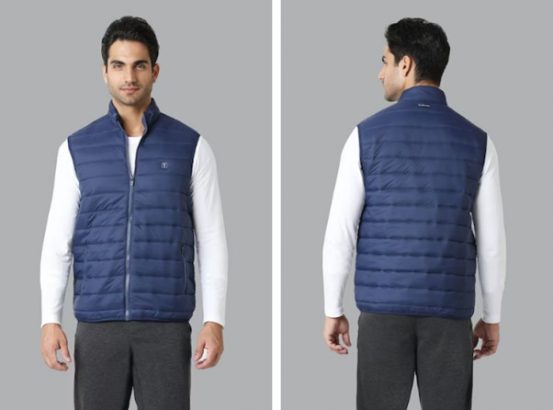 two images of a man wearing a blue vest