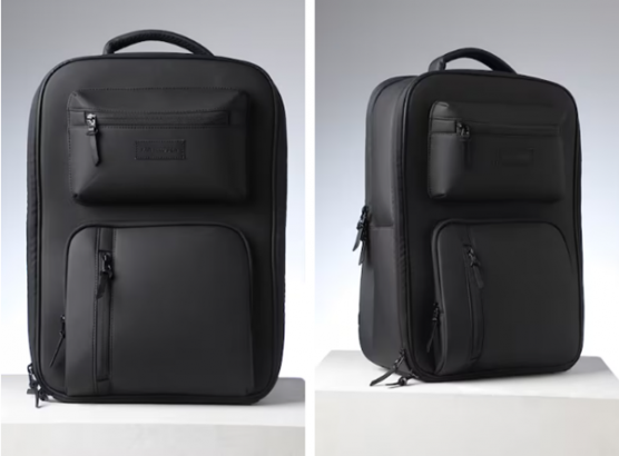 two pictures of a black suitcase with zippers