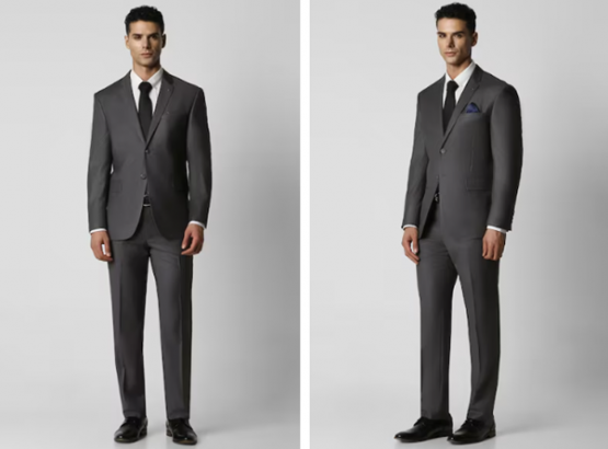 two pictures of a man in a black suit and tie