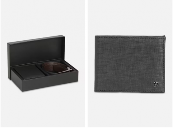 a black box with a leather belt inside of it and wallet