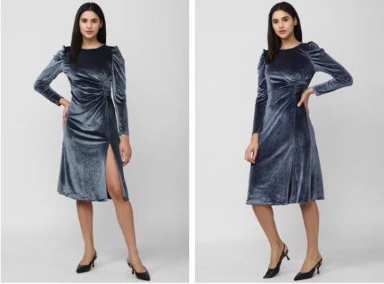 two pictures of a woman in a blue dress