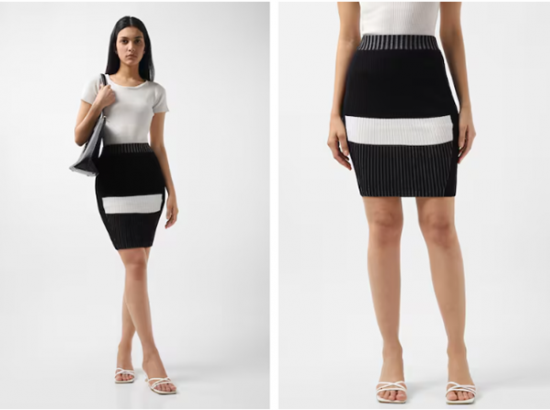 two images of a woman in a skirt and a dress