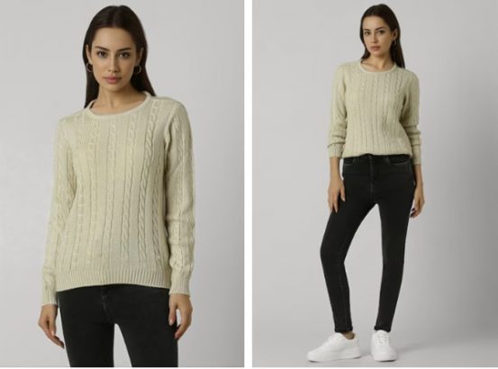 beige textured round neck sweater