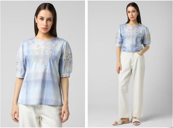 blue check casual round neck top