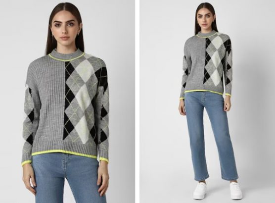 grey argyle round neck sweater