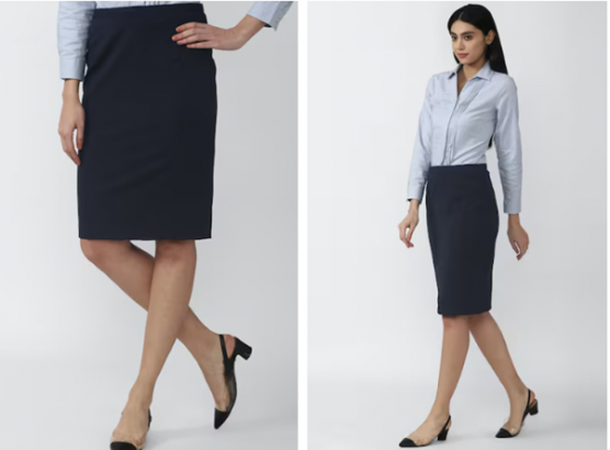 navy solid casual knee length skirt
