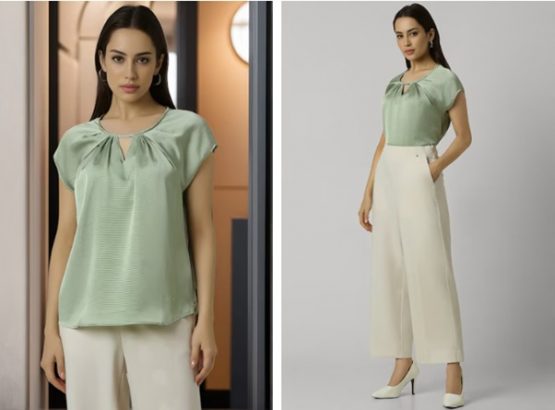 olive textured formal round neck top
