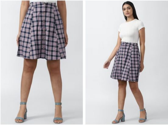 purple check casual knee length skirt