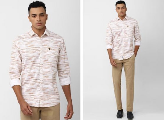 Men White Slim Fit Textured Full Sleeves Casual Shirt