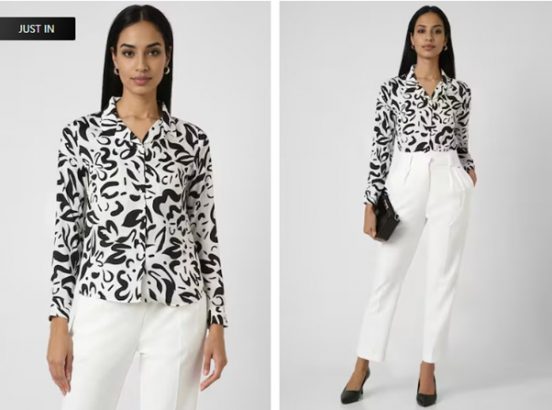 Women White Print Long Sleeves Formal Shirt